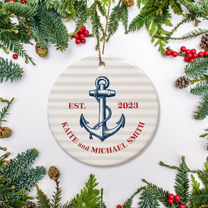 Nautical Christmas Ornament, Soft gray stripes with red and navy, personalized with a name and the  year. Ceramic ornament on gold string with a free gift box
