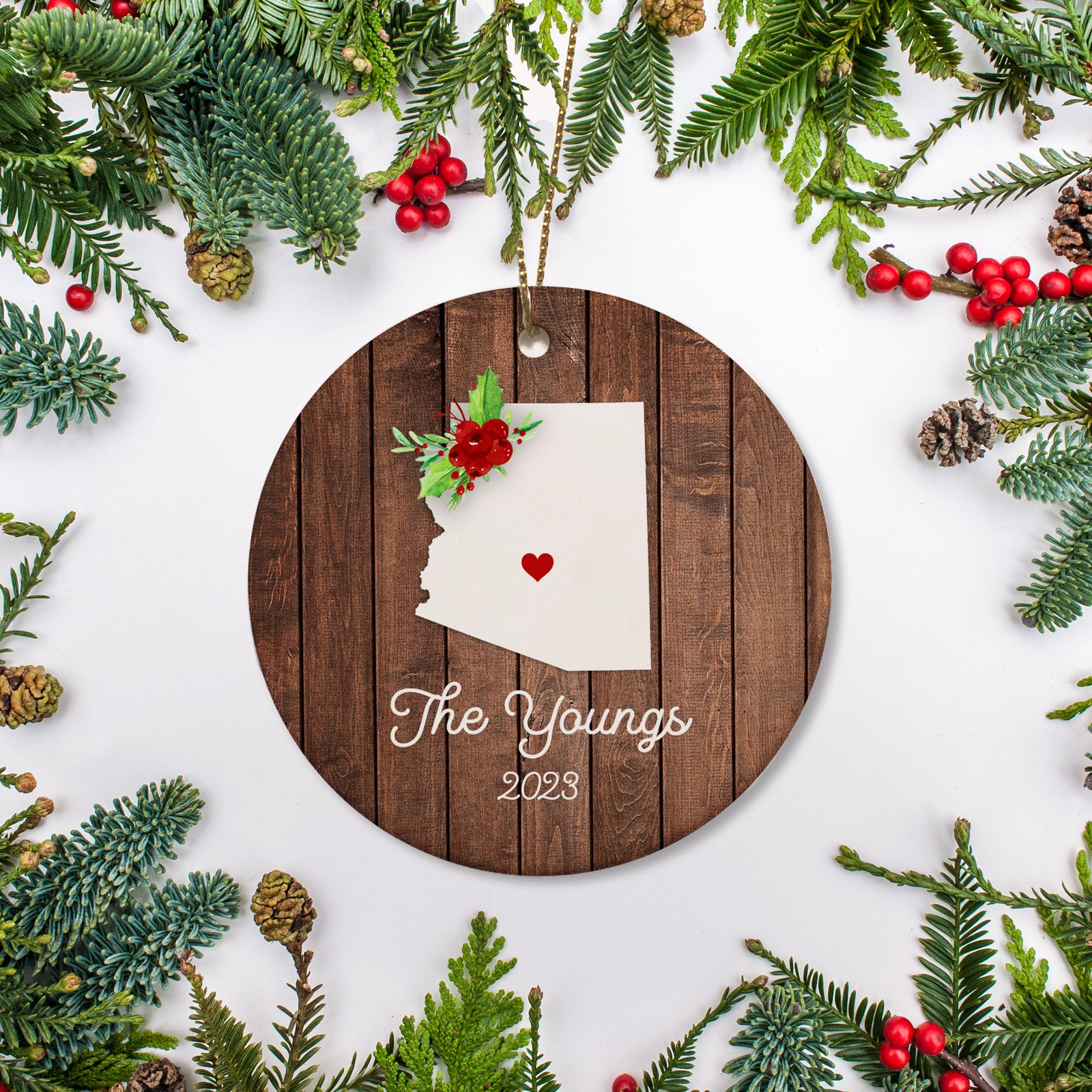 Arizona state christmas ornament. Personalized with your name, city, and year. Ceramic keepsake ornament with a gold hanging string. Great for a college student, new home owners, just moved, or vacation memory
