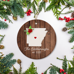 Arkansas state christmas ornament. Personalized with your name, city, and year. Ceramic keepsake ornament with a gold hanging string. Great for a college student, new home owners, just moved, or vacation memory