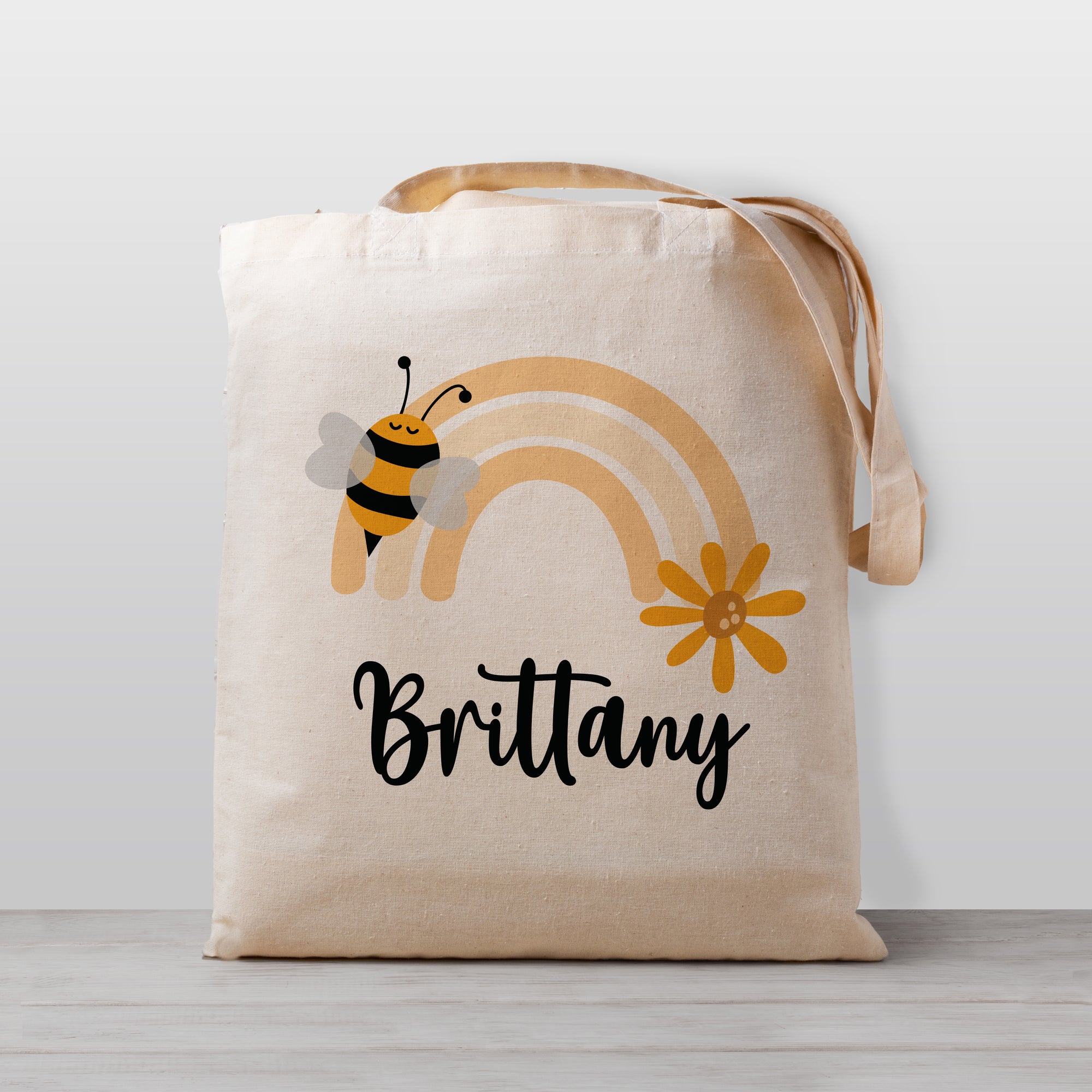 Kids Personalized tote bag, featuring a bee and a rainbow, 100% natural cotton canvas