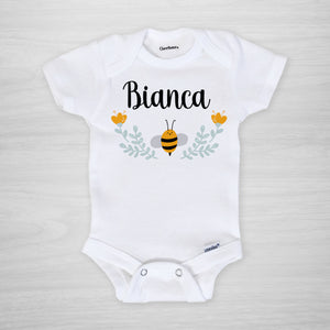 Bee Personalized onesie, featuring a sweet little bumblebee and a floral frame, genuine Gerber Onesies®