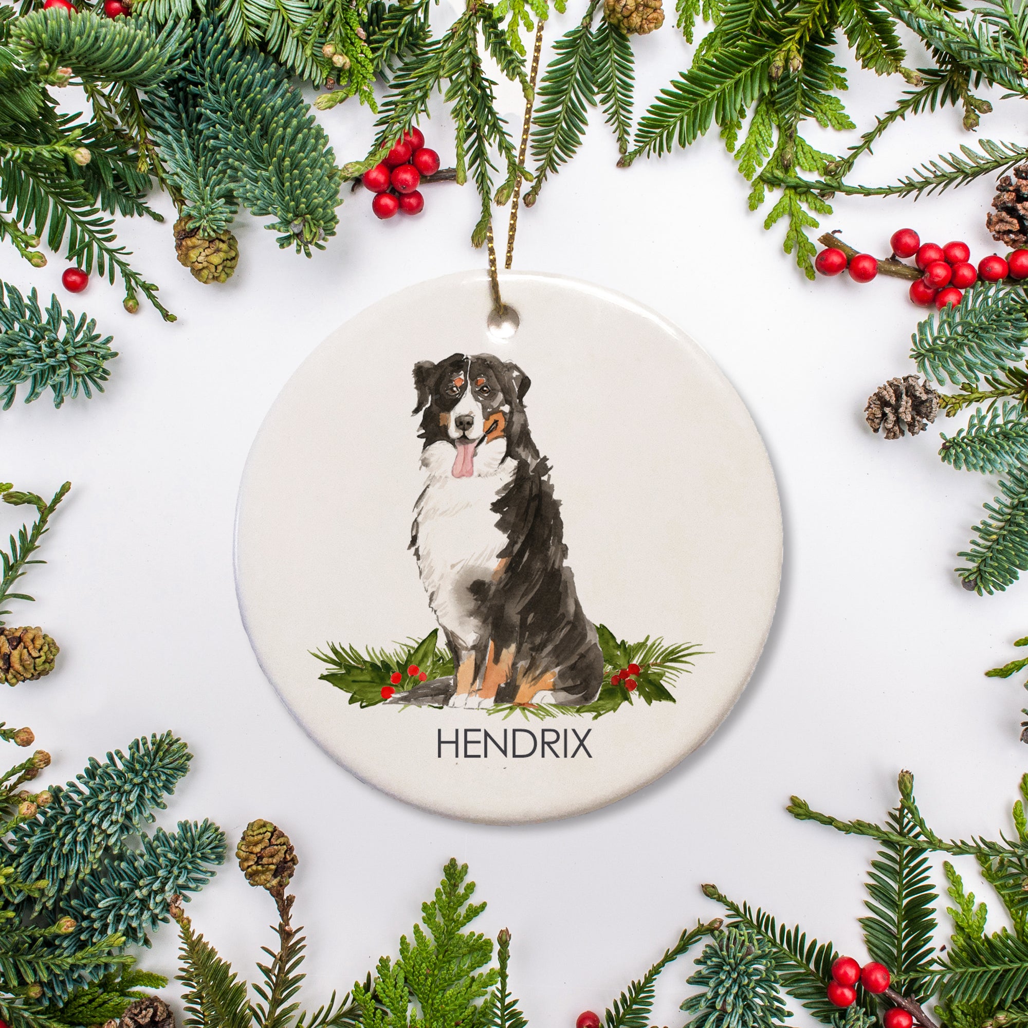 This Christmas ornament bears an image of a Bernese mountain dog and is personalized with your dog's name. Perfect gift for animal buffs or a special remembrance of your pet's holiday season.