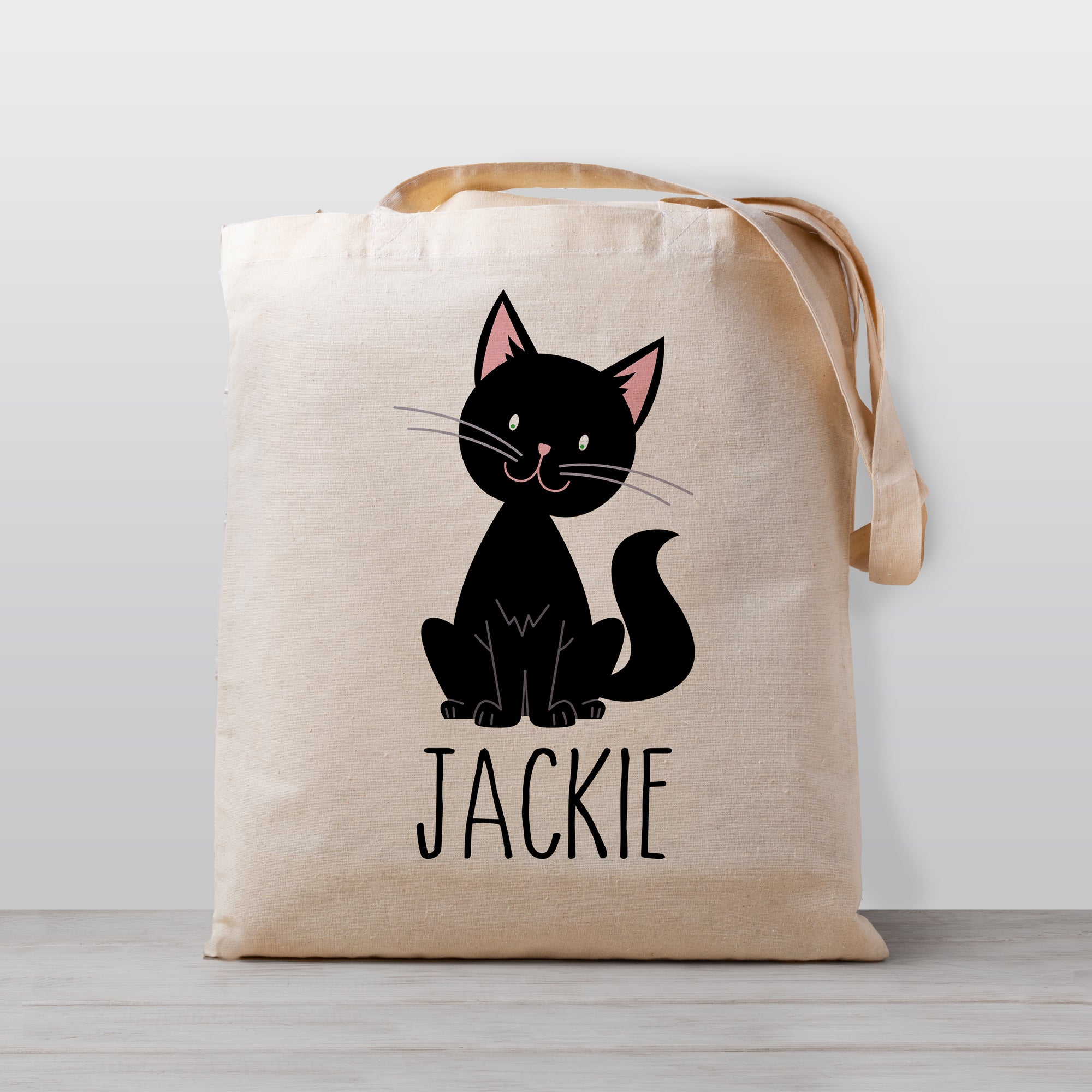 Black cat personalized tote bag for kids, cute kitten, 100% natural cotton canvas, for boys or girls, gender neutral