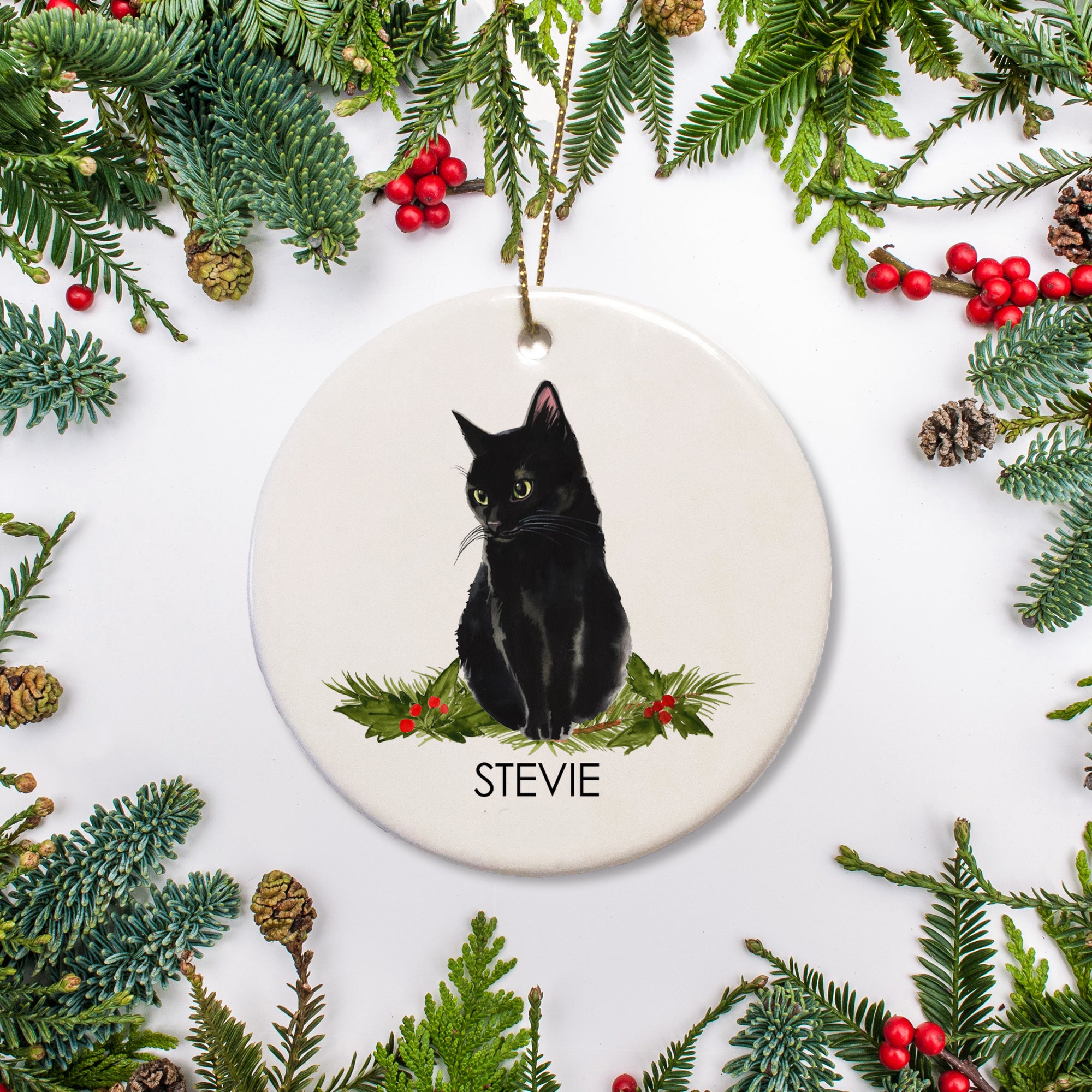 Black kitten christmas ornament, personalized with your cat's name. Great gift for kitten's first christmas