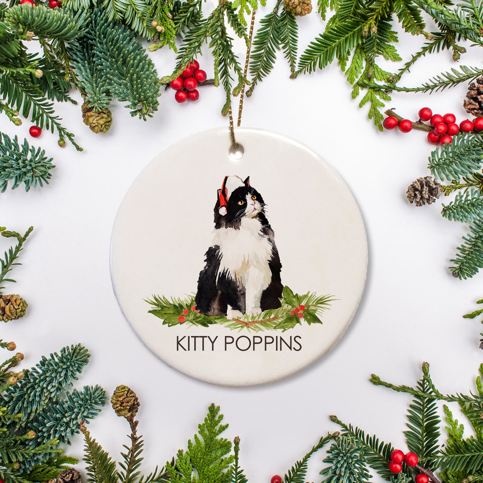 Cat Christmas ornament, long haired black and white Norwegian Forest Cat, Personalized on high quality ceramic
