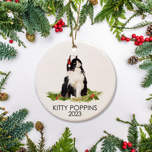 Cat Christmas ornament, long haired black and white Norwegian Forest Cat, Personalized on high quality ceramic