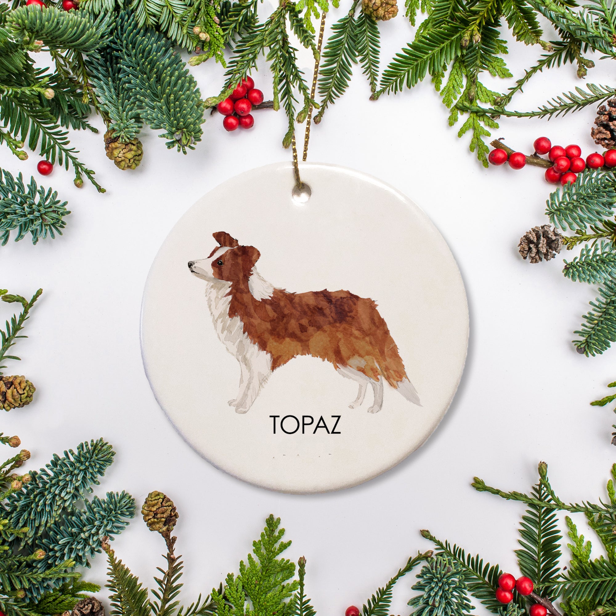 Border Collie Christmas ornament, red and white dog, personalized