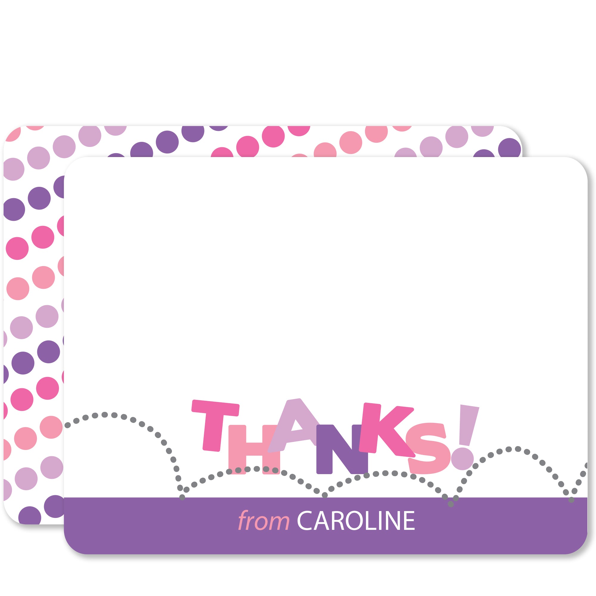 Bounce Jump Thank you notecards stationer in pink and purple. The word "Thanks" bounces across a trampoline, cute polka dot pattern on the back, heavy cardstock