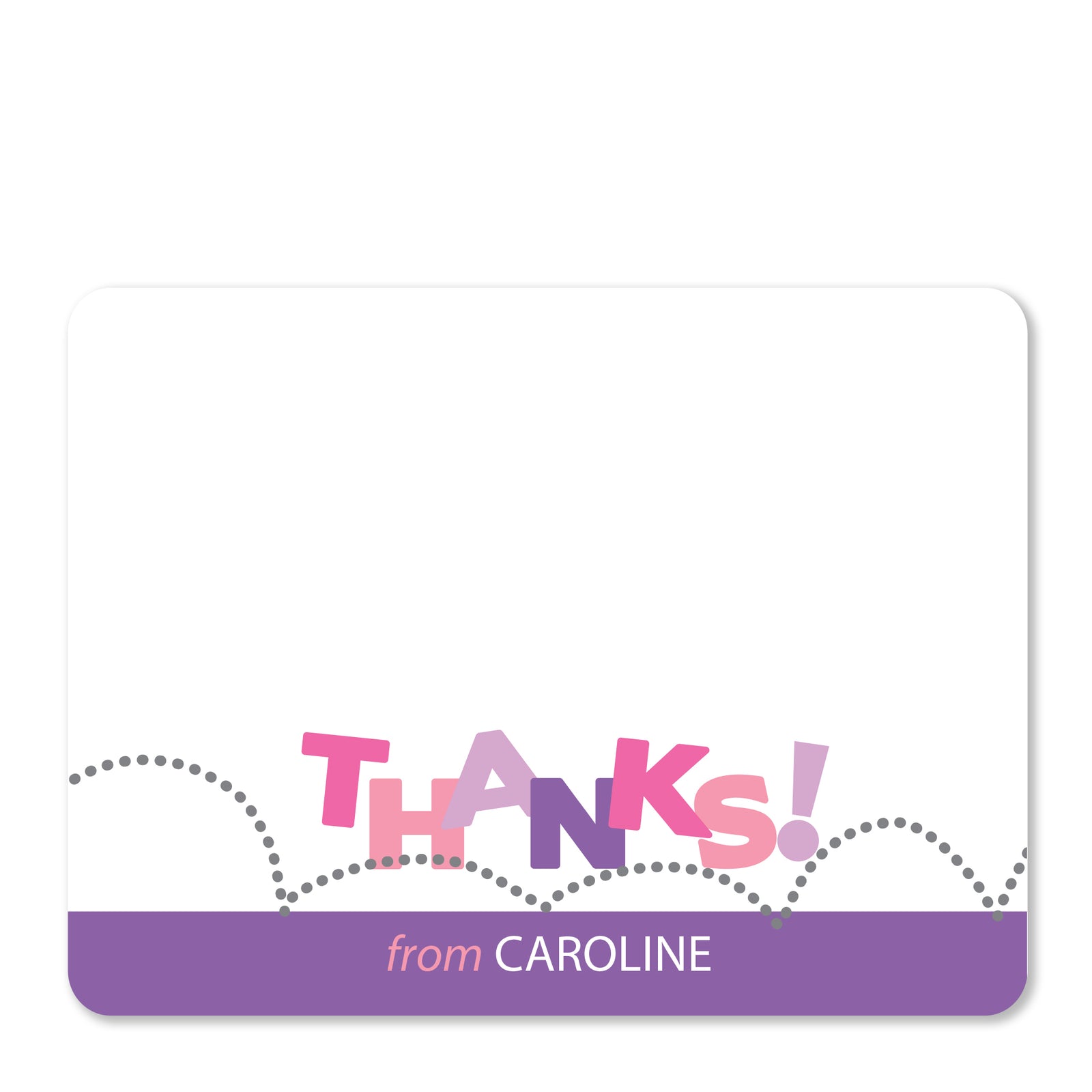 Bounce Jump Thank you notecards stationer in pink and purple. The word "Thanks" bounces across a trampoline, cute polka dot pattern on the back, heavy cardstock