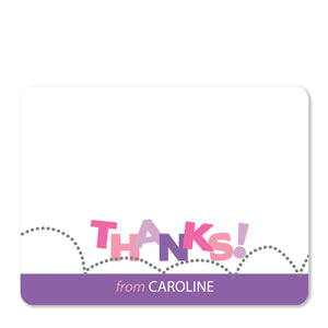 Bounce Jump Thank you notecards stationer in pink and purple. The word "Thanks" bounces across a trampoline, cute polka dot pattern on the back, heavy cardstock, front view
