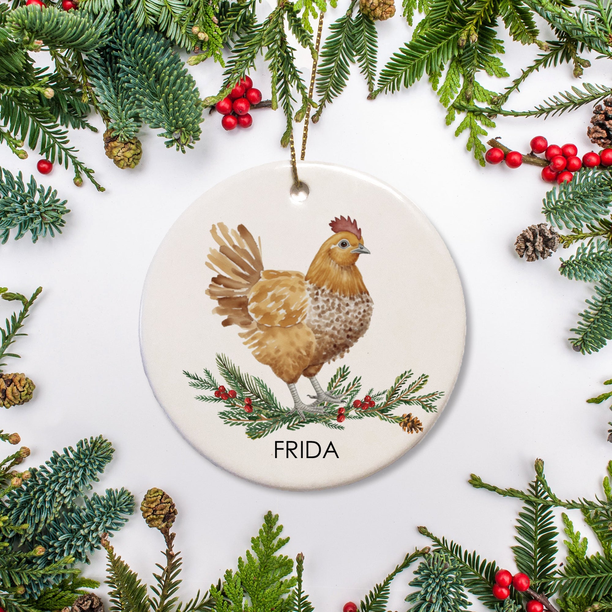 Fresian Chicken Christmas ornamaent, personalized with your hen's name. Perfect give for the backyard chicken coop owner, Ceramic ornament with the option to add a special message on the back