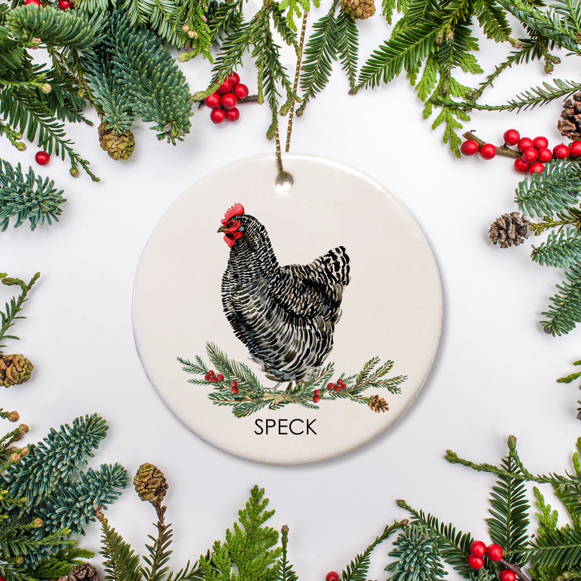 Plymouth Rock Chicken Christmas ornamaent, personalized with your hen's name. Perfect give for the backyard chicken coop owner, Ceramic ornament with the option to add a special message on the back