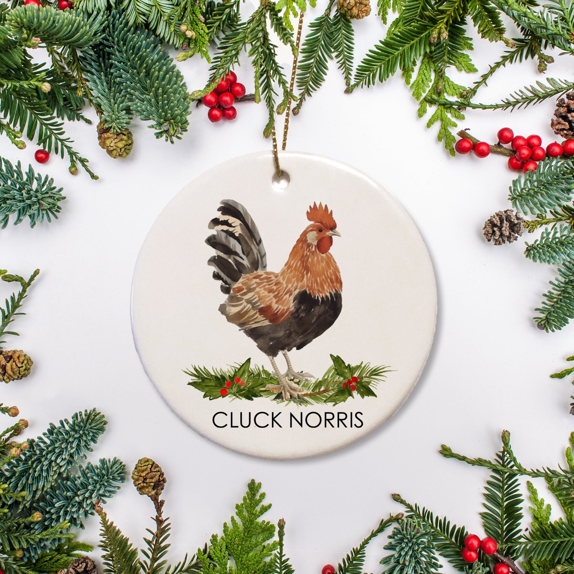 Derbyshire Redcap Chicken Christmas ornamaent, personalized with your hen's name. Perfect give for the backyard chicken coop owner, Ceramic ornament with the option to add a special message on the back