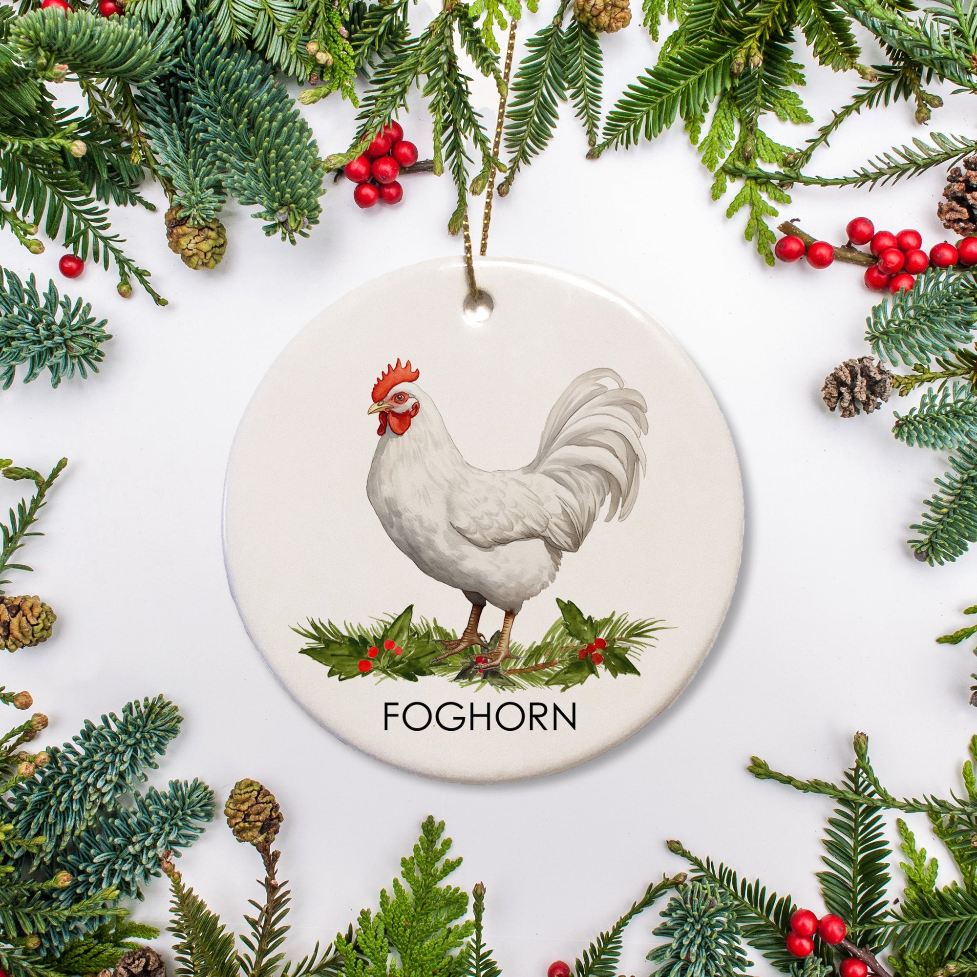 Leghorn Chicken Christmas ornamaent, personalized with your hen's name. Perfect give for the backyard chicken coop owner, Ceramic ornament with the option to add a special message on the back