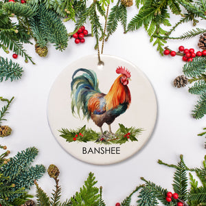 Bantham Chicken Christmas ornamaent, personalized with your hen's name. Perfect give for the backyard chicken coop owner, Ceramic ornament with the option to add a special message on the back