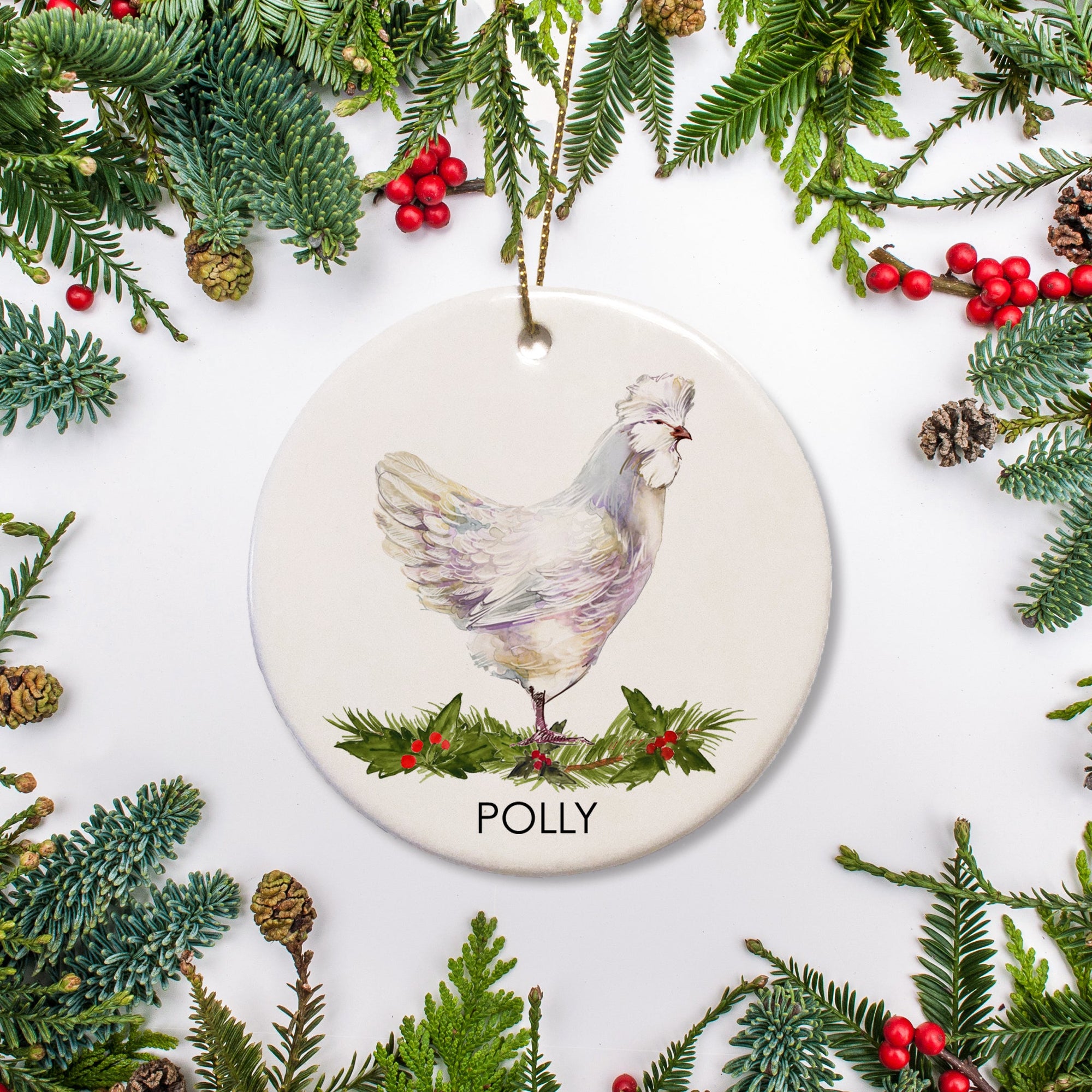 Pulverara Chicken Christmas ornamaent, personalized with your hen's name. Perfect give for the backyard chicken coop owner, Ceramic ornament with the option to add a special message on the back