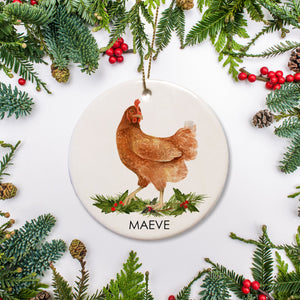 Rhode Island Red Chicken Christmas ornamaent, personalized with your hen's name. Perfect give for the backyard chicken coop owner, Ceramic ornament with the option to add a special message on the back