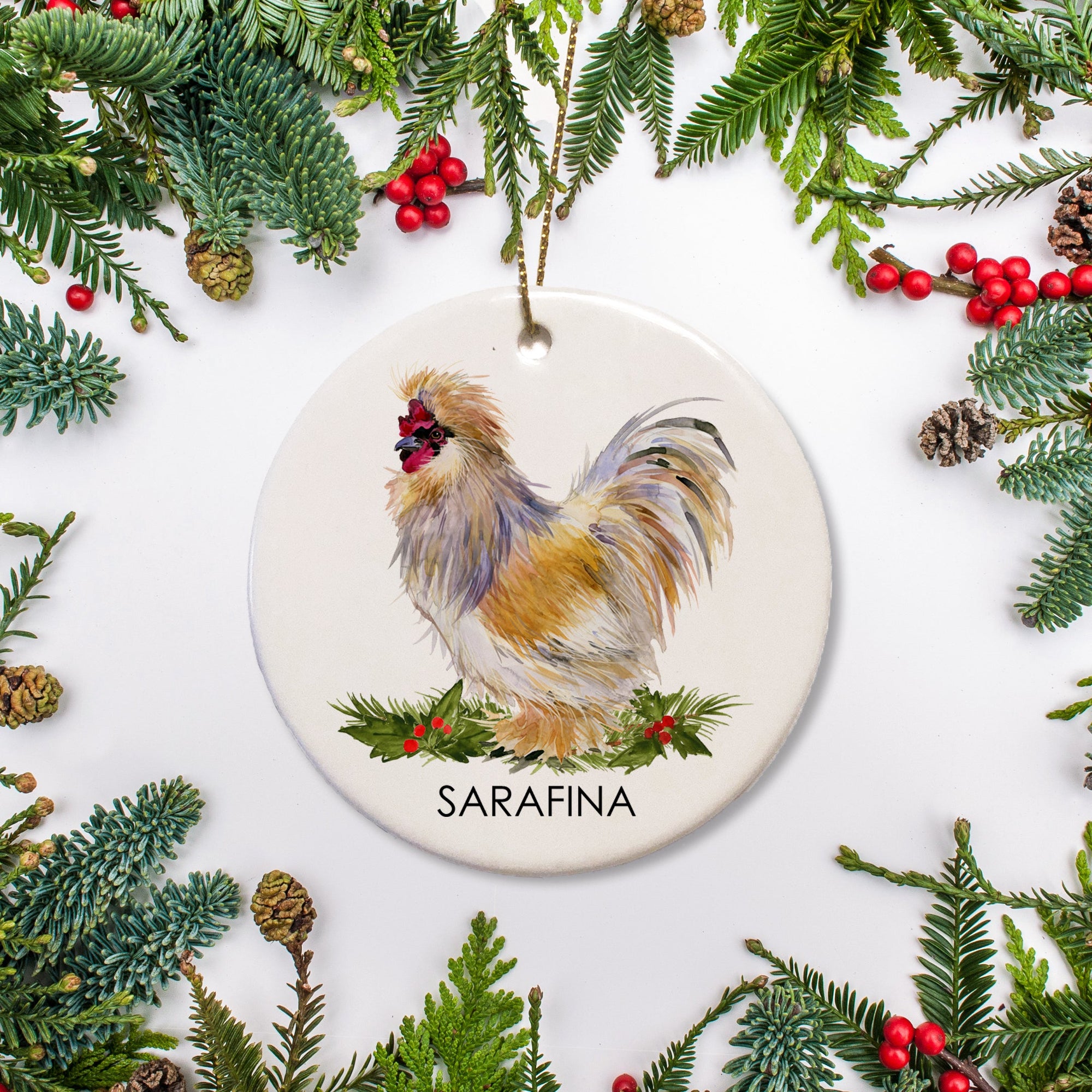 Silkie Chicken Christmas ornamaent, personalized with your hen's name. Perfect give for the backyard chicken coop owner, Ceramic ornament with the option to add a special message on the back