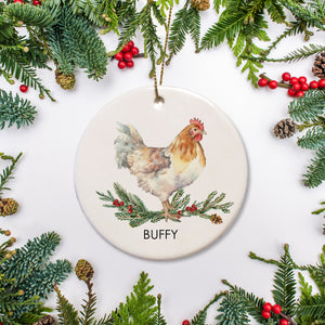 Buff Orpington Chicken Christmas ornamaent, personalized with your hen's name. Perfect give for the backyard chicken coop owner, Ceramic ornament with the option to add a special message on the back