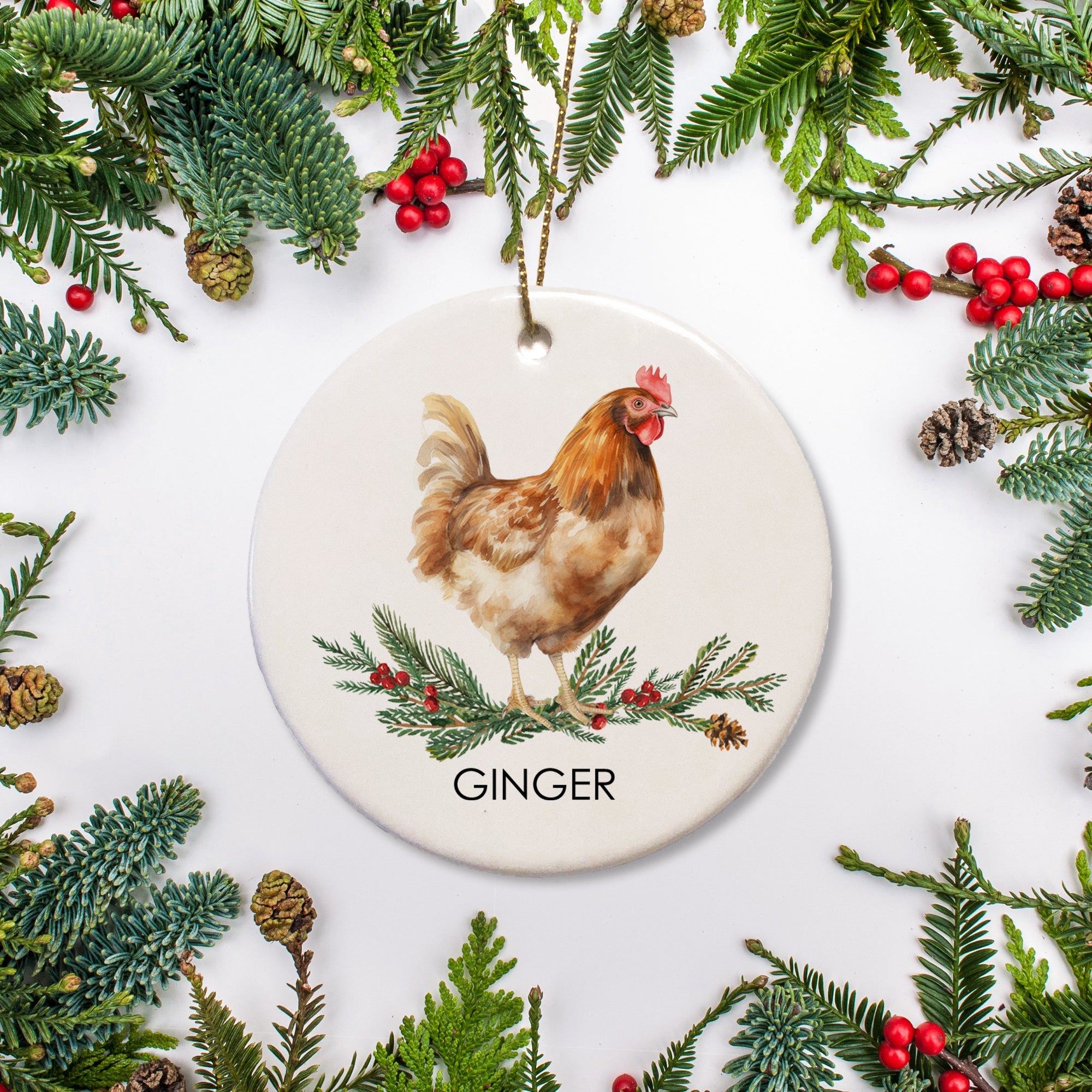 Golden Comet Chicken Christmas ornamaent, personalized with your hen's name. Perfect give for the backyard chicken coop owner, Ceramic ornament with the option to add a special message on the back