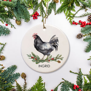 Black Australorp Chicken Christmas ornamaent, personalized with your hen's name. Perfect give for the backyard chicken coop owner, Ceramic ornament with the option to add a special message on the back