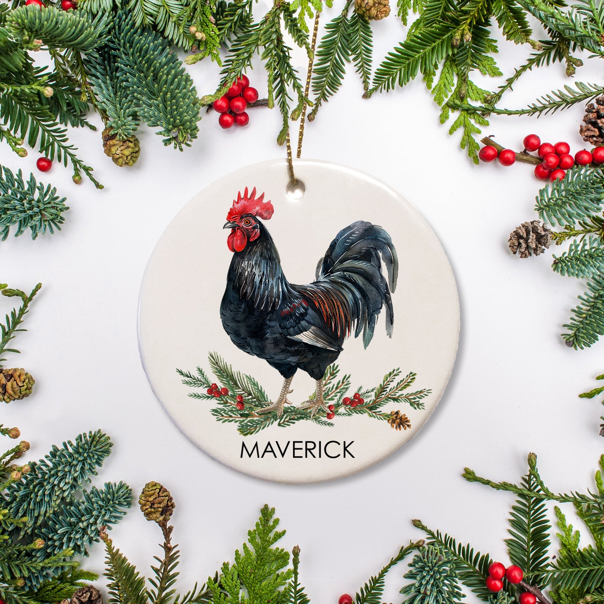 Black Minorca Chicken Christmas Ornament, Ceramic Ornament personalized with your rooster or hen's name