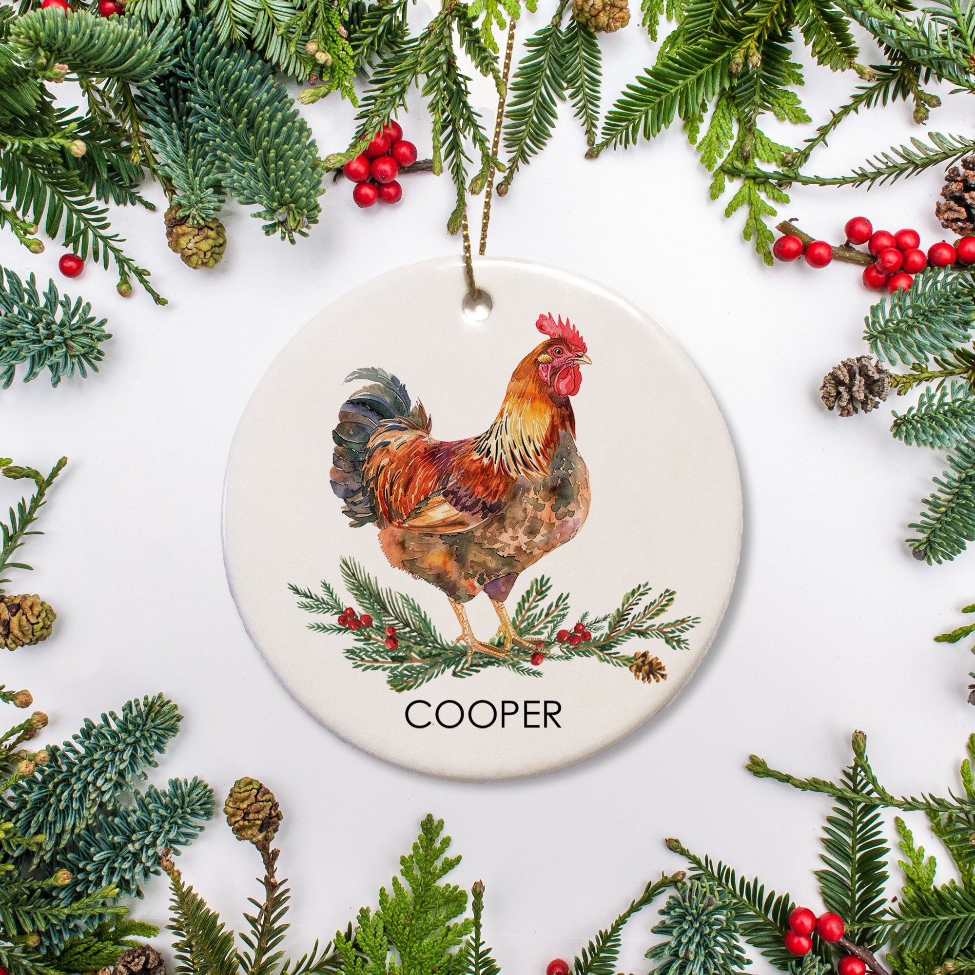 Chicken Christmas Ornament, personalized, featuring a Welsummer Rooster