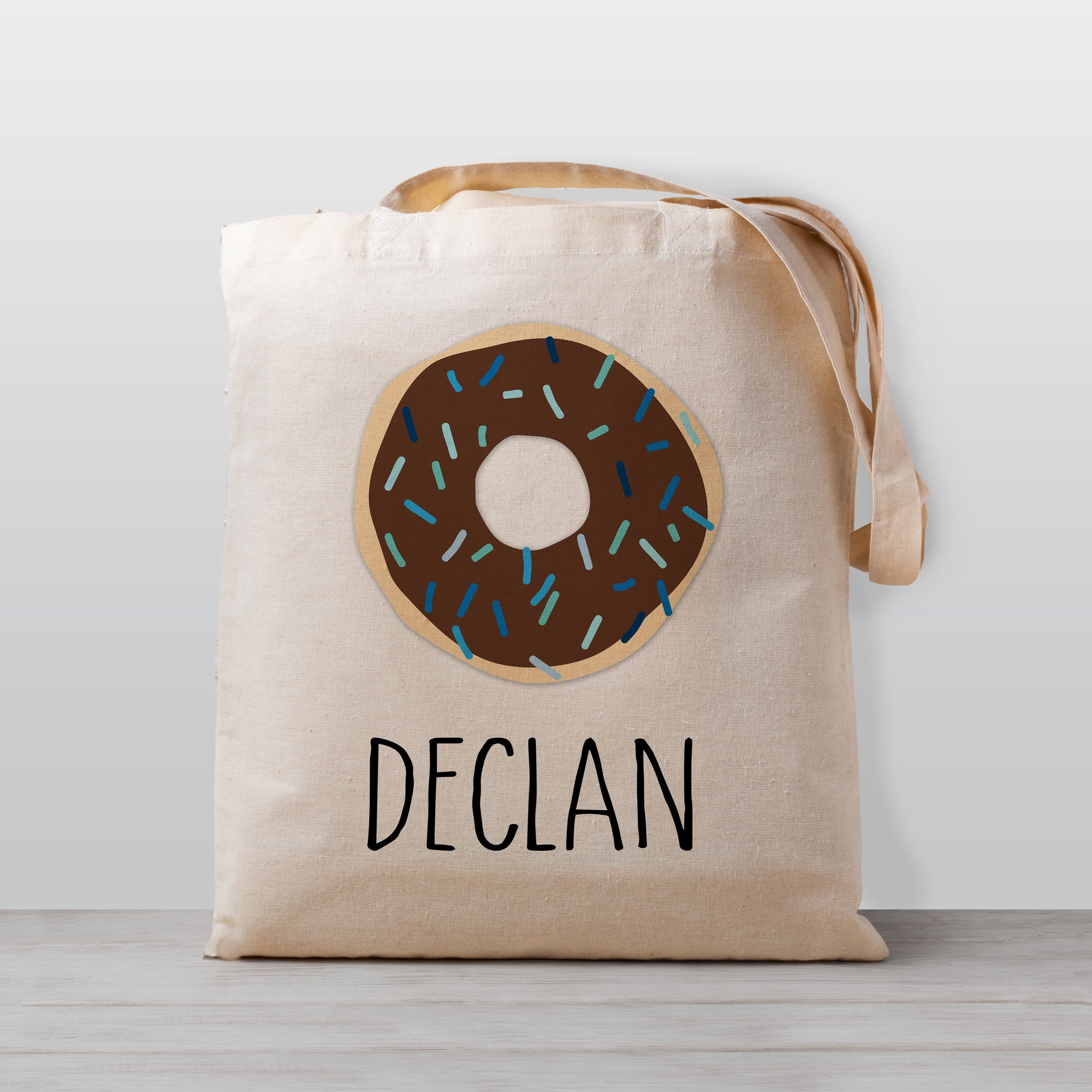 kid's tote bag, personalized with a chocolate donut, perfect for kindergarten or sleepovers