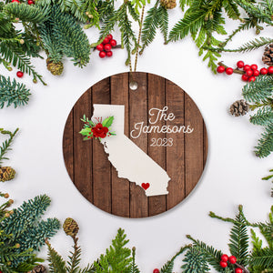 California state christmas ornament. Personalized with your name, city, and year. Ceramic keepsake ornament with a gold hanging string. Great for a college student, new home owners, just moved, or vacation memory