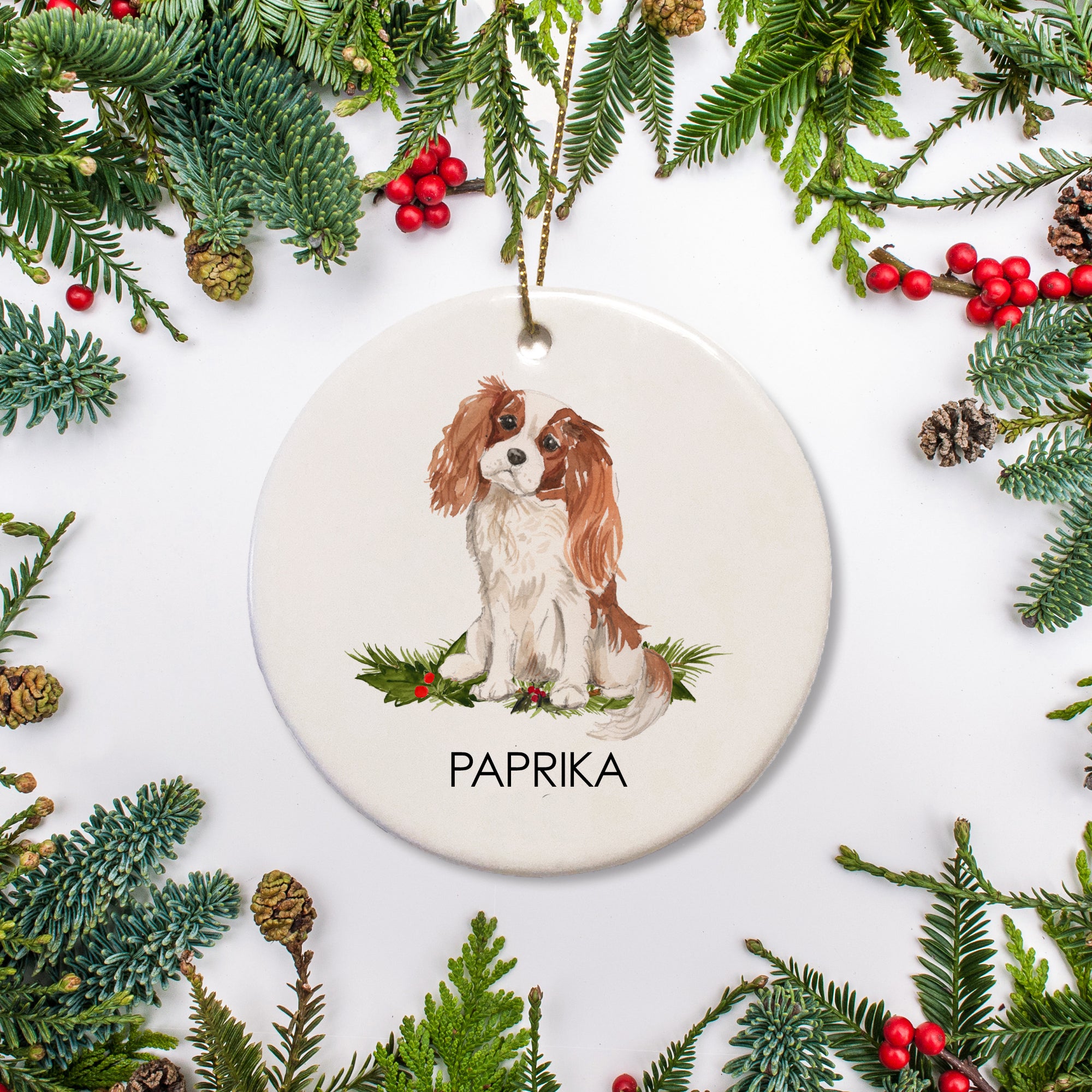 This custom ornament boasts your precious <strong></strong>Blenheim Cavalier King Charles dog, along with their name. It's a thoughtful gift for any pet enthusiast or way to celebrate your fur baby's first Christmas.