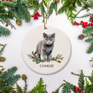 Round ceramic ornament with a gray Chartreux cat illustration, personalized with your pet's name.
