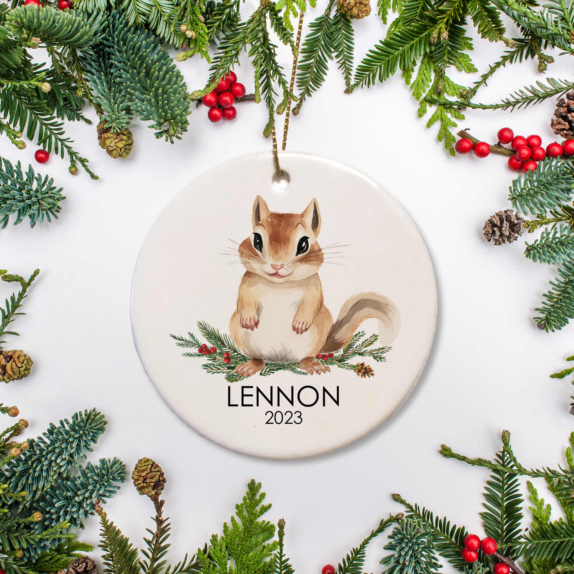 Chipmunk Christmas ornament, personalized with a name and year, ceramic ornament