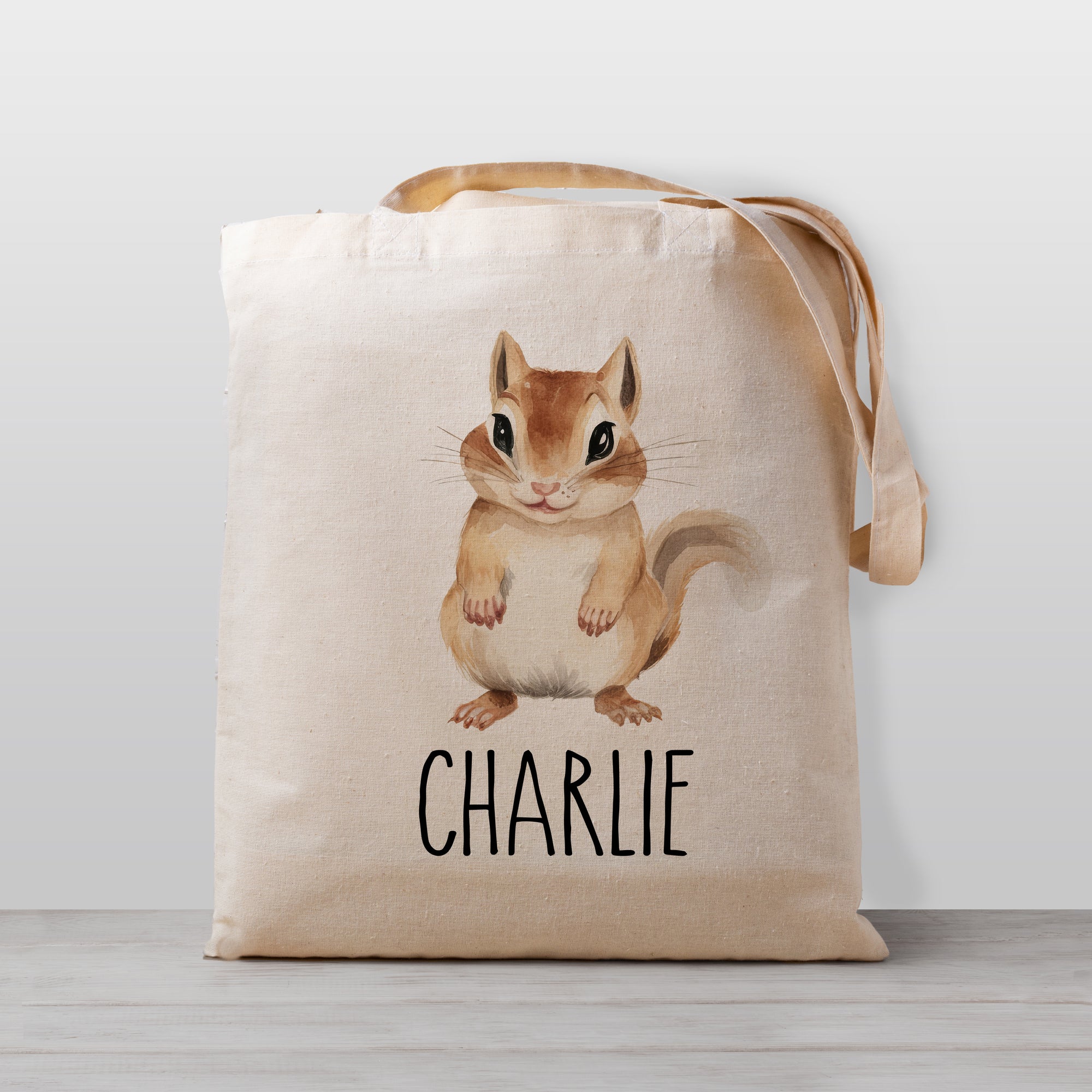 Chipmunk tote bag, personalized with your child's name. Great for preschool, daycare, or as a library book bag