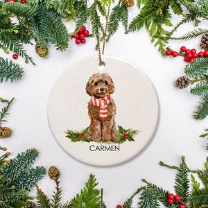 Red Cockapoo christmas ornament, personalized with your dog's name