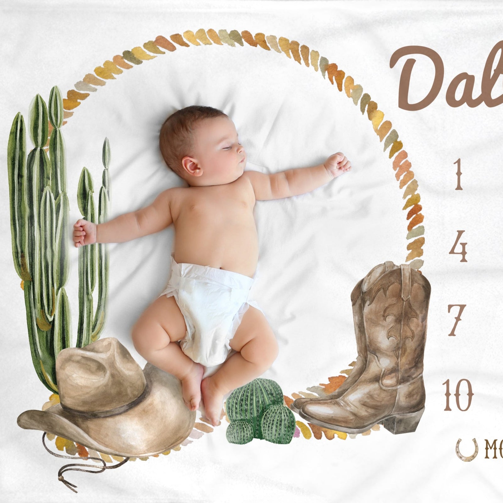 Our snuggly personalized baby milestone blanket features a western theme for your little cowboy&nbsp; western theme. This blanket makes a wonderful baby shower gift.