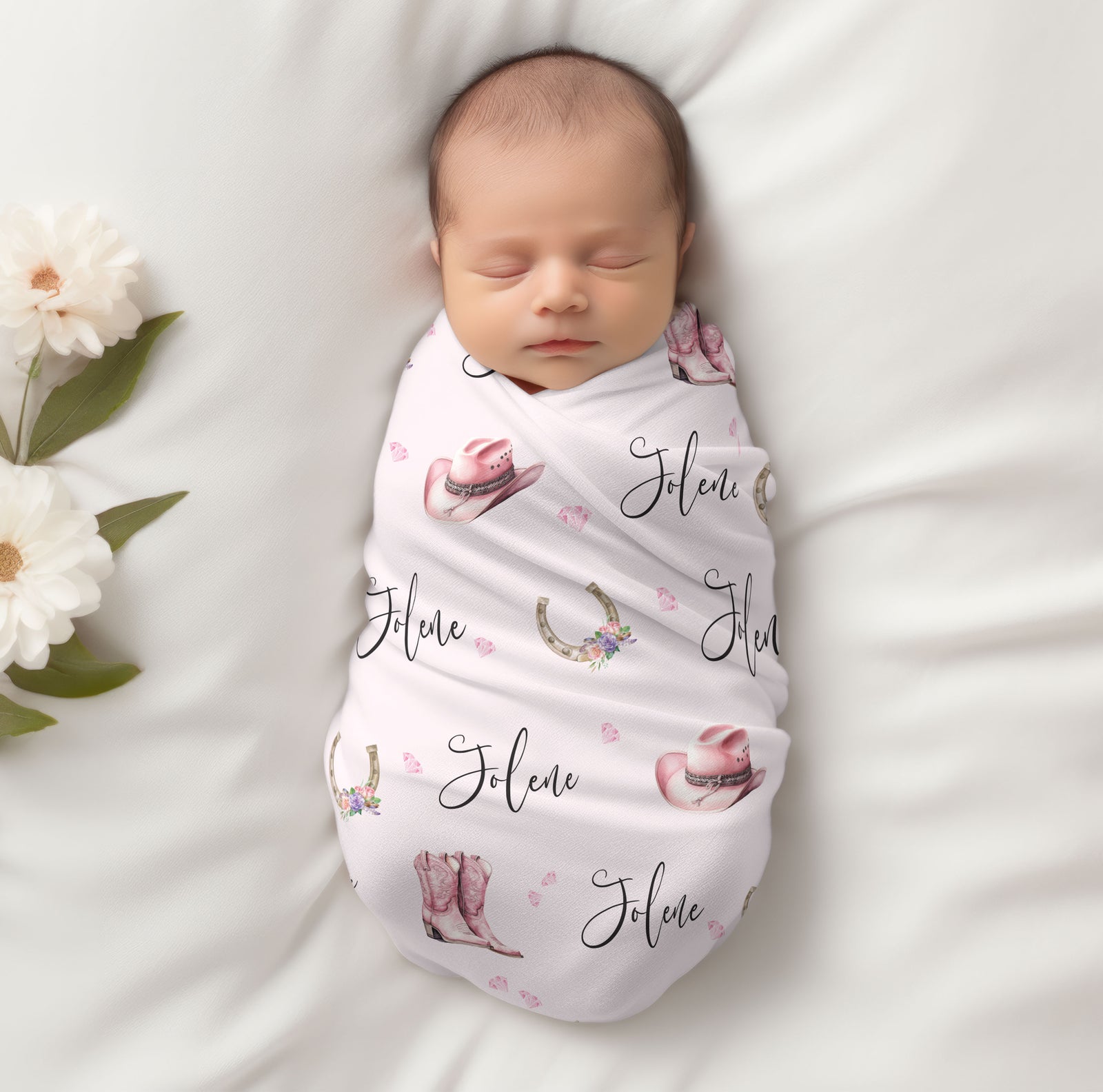 Baby girl swaddle blanket, Pink Cowgirl Design with cowboy boots and hat, also little pink diamonds for a bit of bling, super soft stretchy fleece