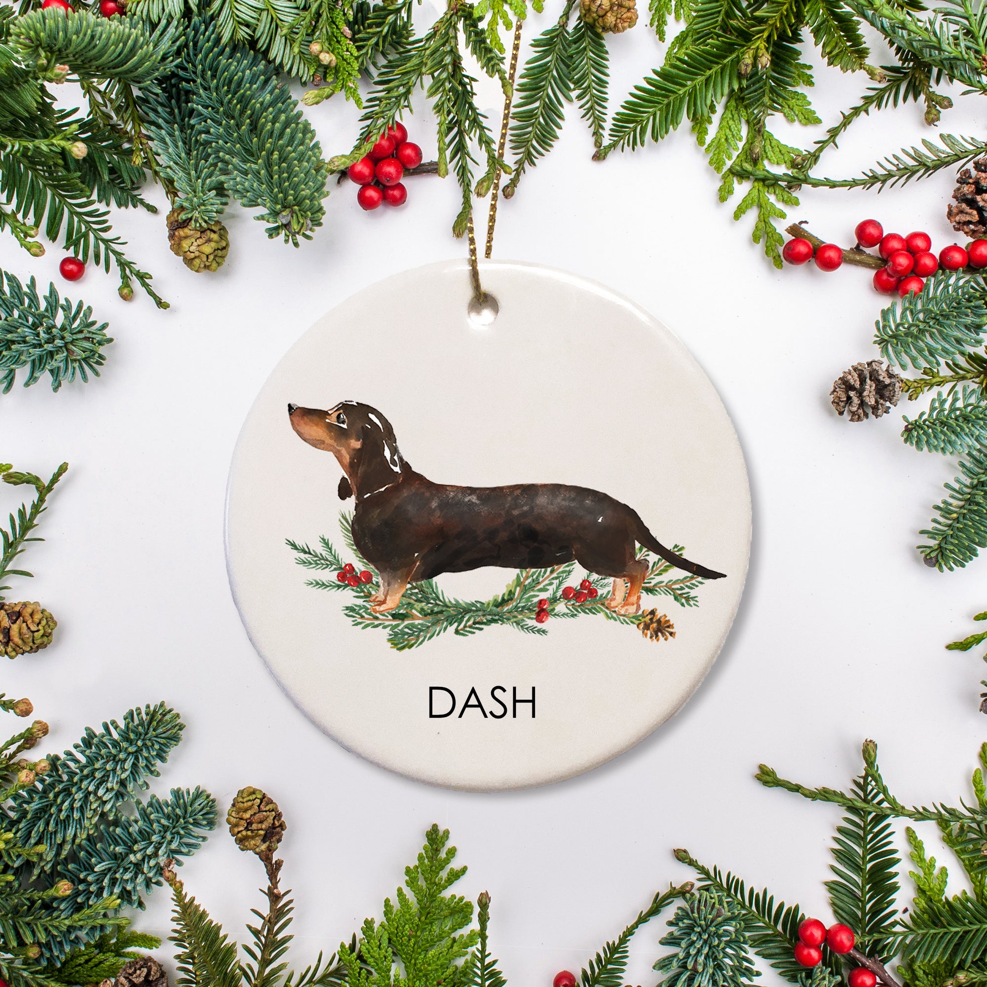 This custom ornament highlights your Dachshund, personalized with their name. An ideal gift for any pet enthusiast or a keepsake to mark your pet's festive season.