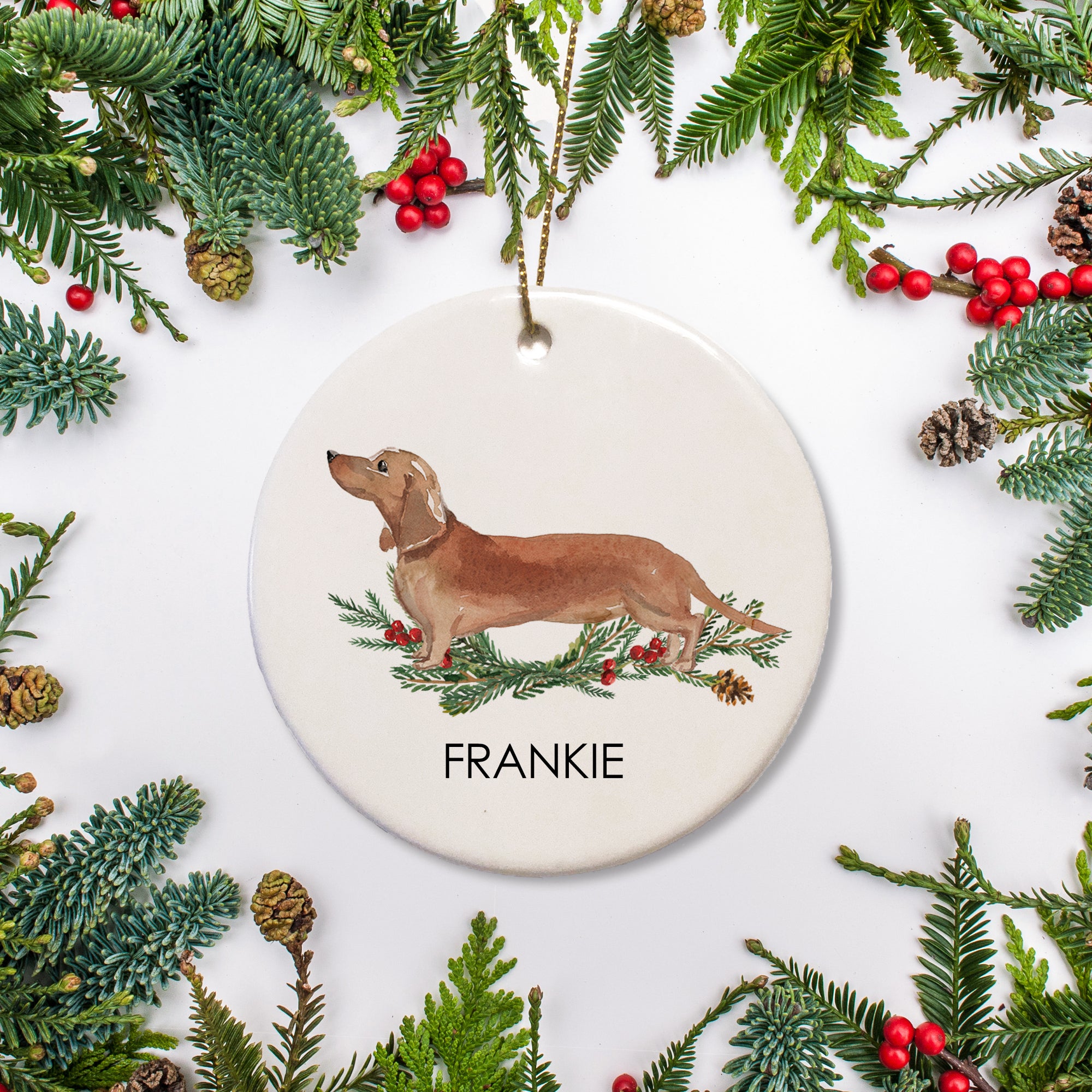 This Dachshund personalized Christmas Ornament features your dog's name. It makes for a thoughtful present for pet owners or a memorable keepsake of your pup's holiday season.