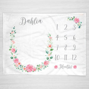 Dahlia flower milestone blanket, personalized on super soft fleece