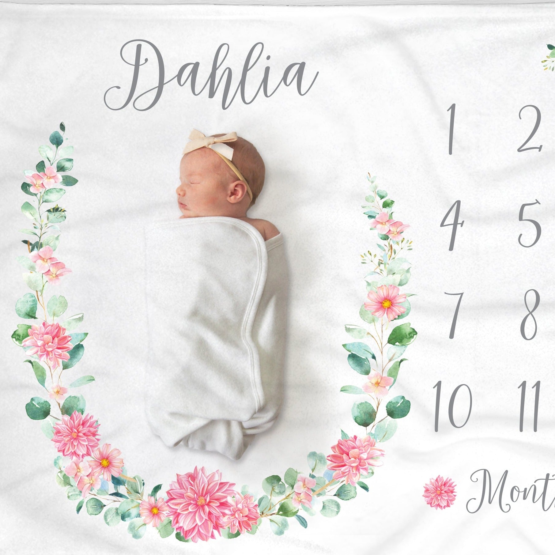 Dahlia Milestone baby blanket, track months, personalized