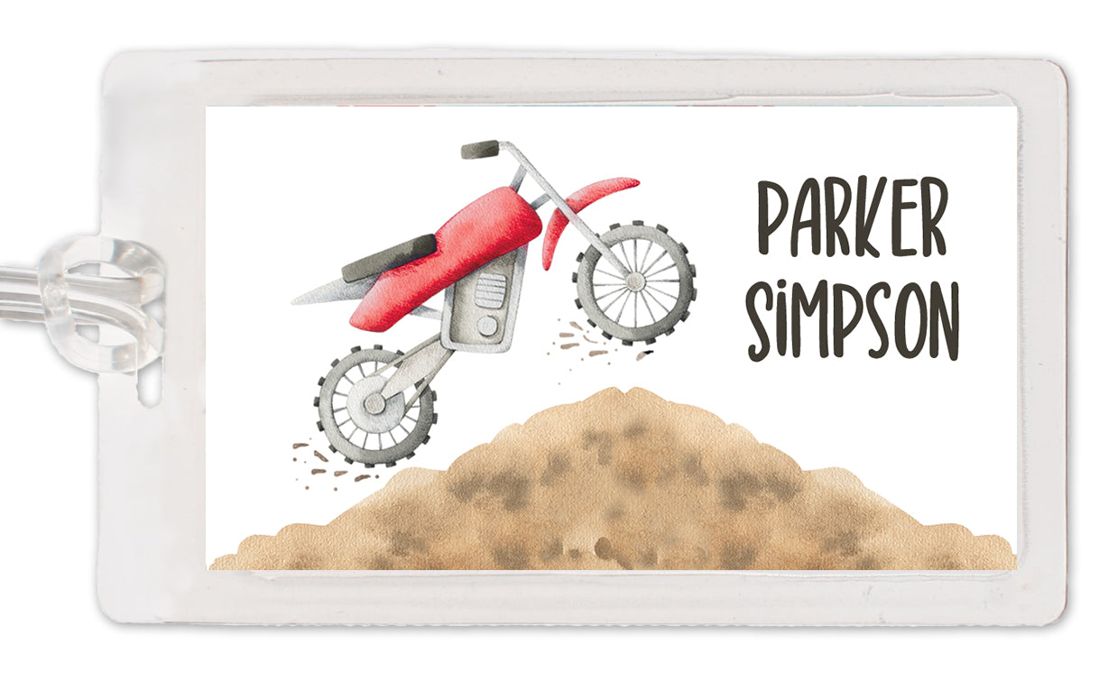 Dirt Bike Bag Tag, Luggage Tag for Sports bags or backpacks, personalized and laminated