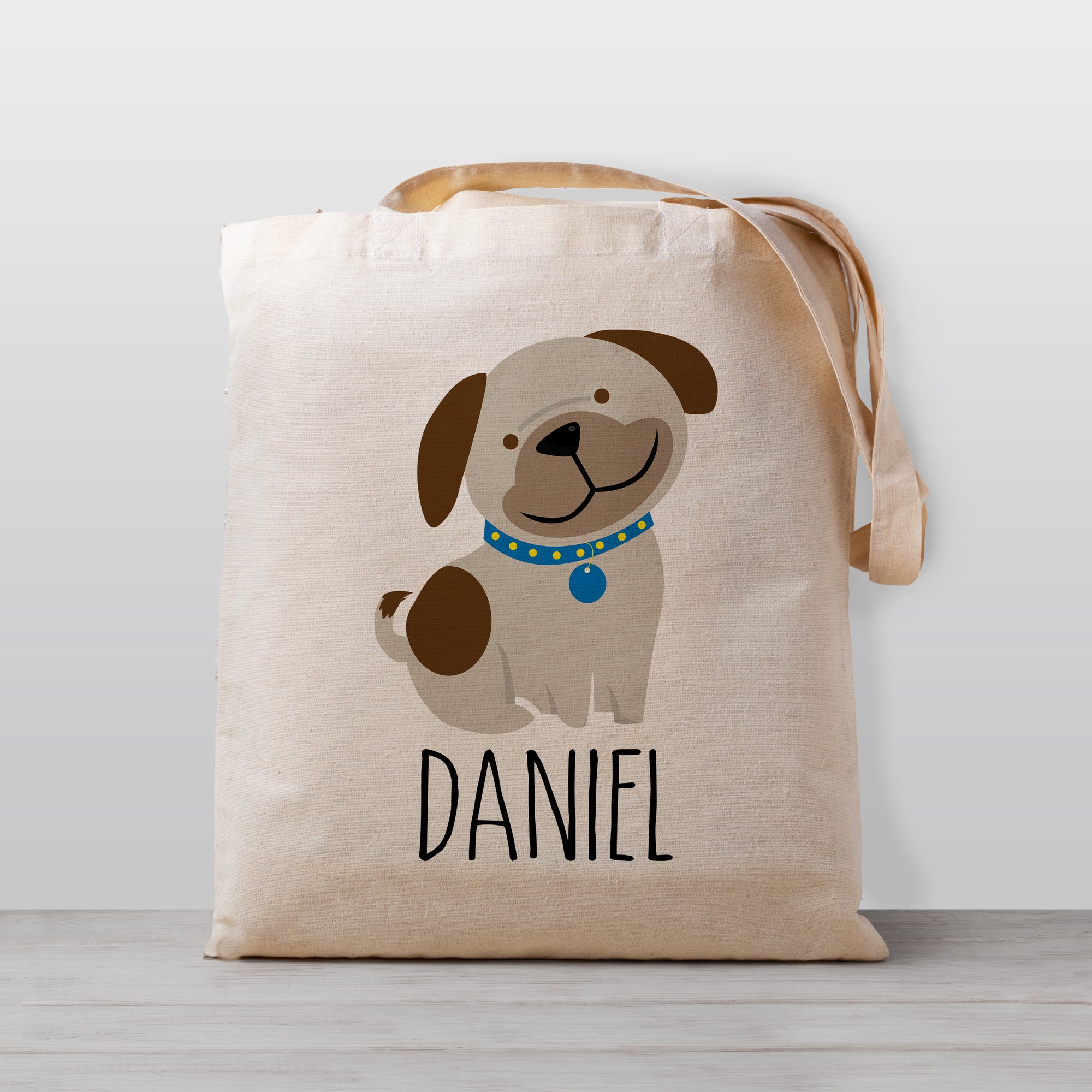 Puppy Dog Personalized Tote Bag, daycare preschool kindergarten, library book bag, sleepover bag, 100% natural cotton canvas