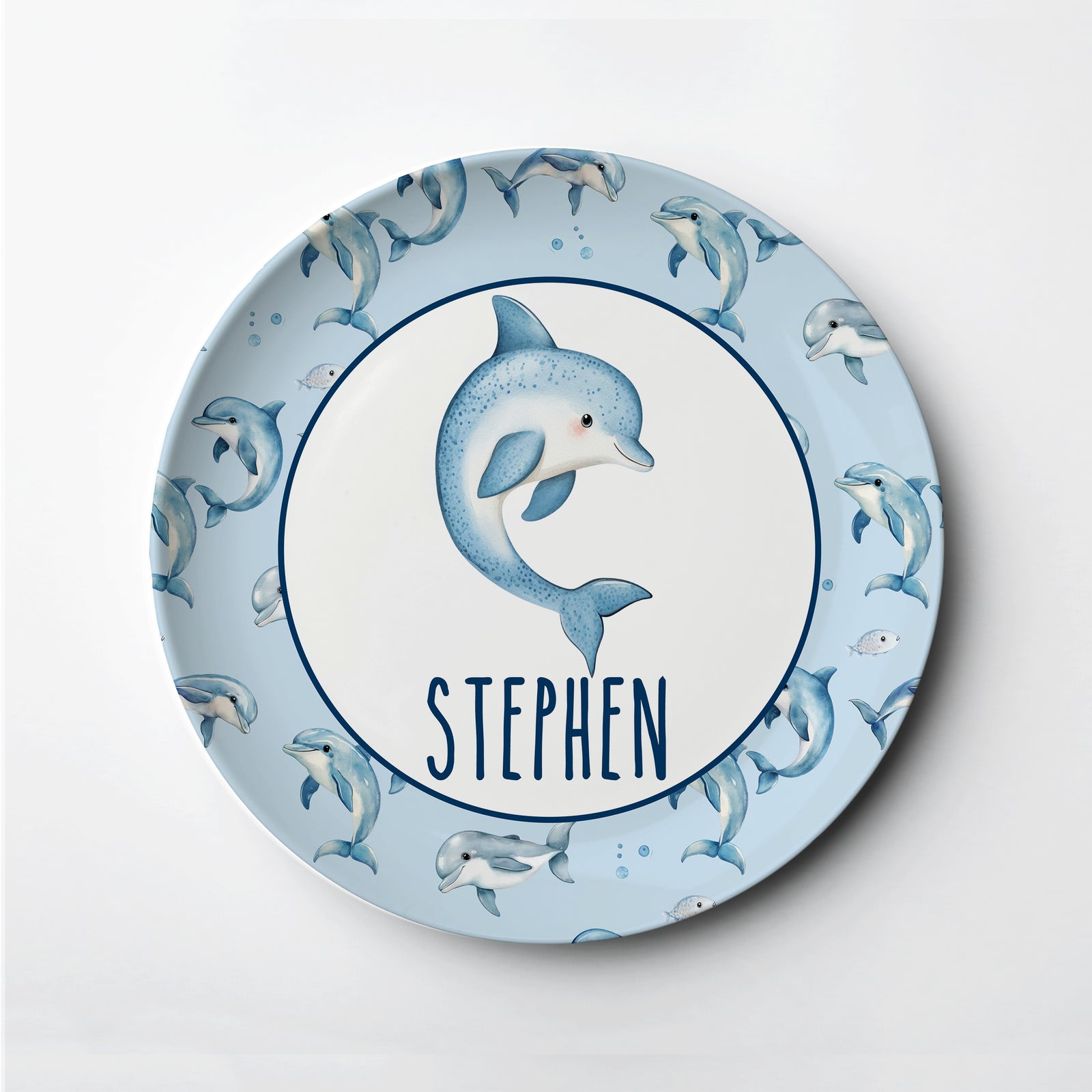 Dolphin plate personalized with your child's name. Lasts for years and won't break. Microwave and dishwasher safe