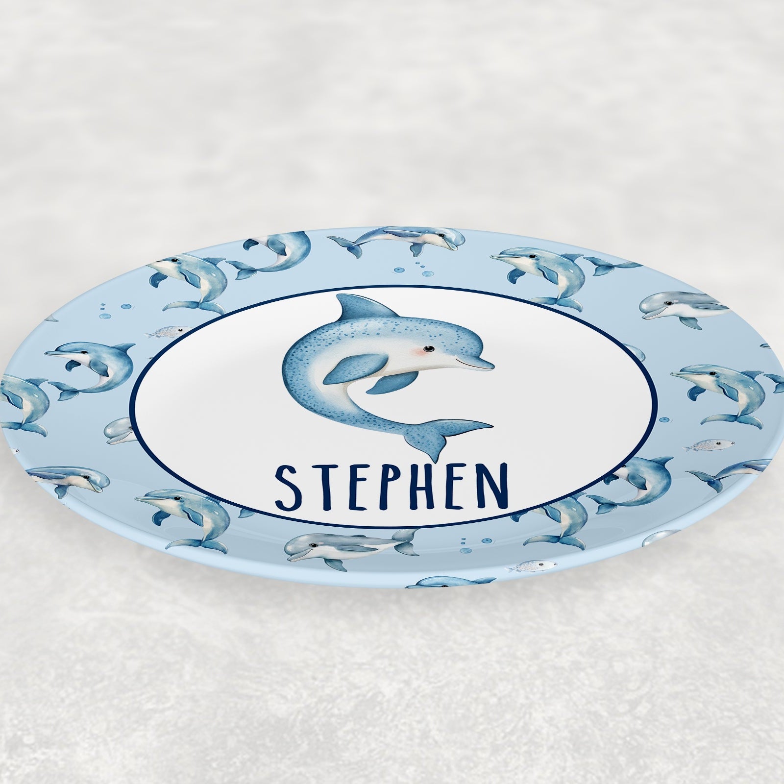 Dolphin plate personalized with your child's name. Lasts for years and won't break. Microwave and dishwasher safe
