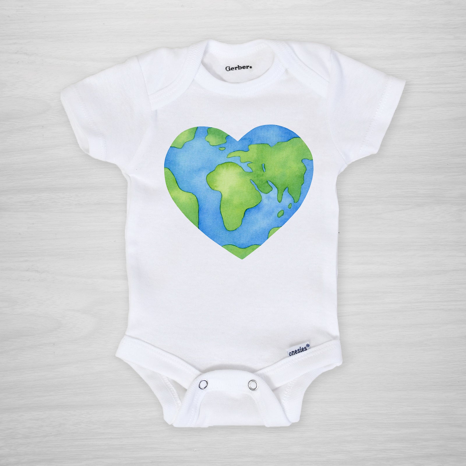 Earth Day Onesie, Long Sleeved, Watercolor planet earth in a heart, Gerber Onesie, Eco-safe inks