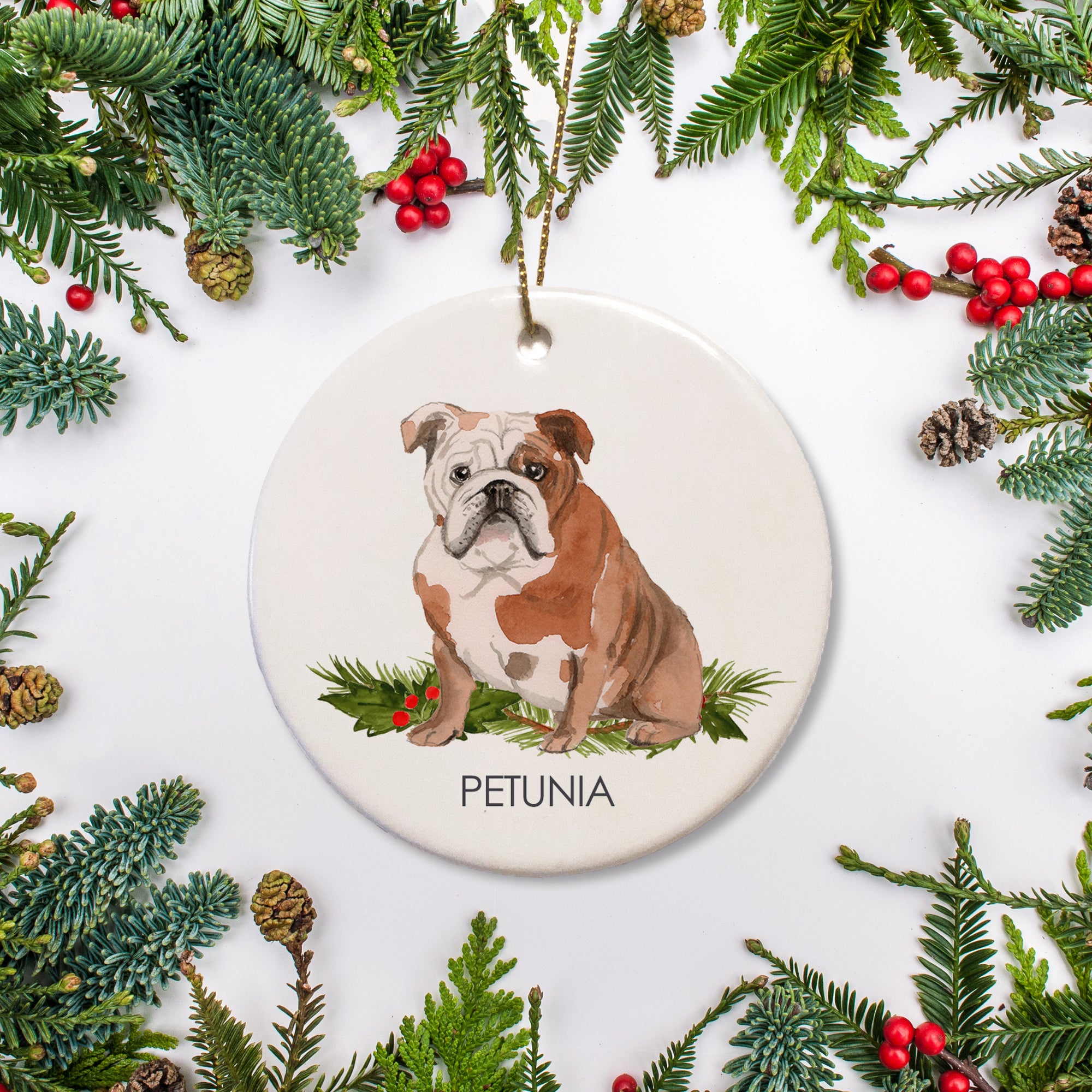 English Bulldog christmas ornament, personalized with your dog's name, ceramic, hand-printed in PIpsy's Nashville studio