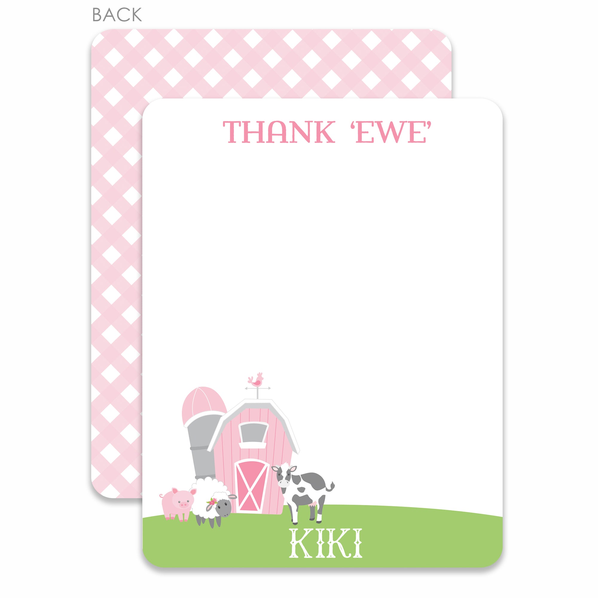 Farm Pink Barn thank you notecards stationery, featuring a  cow, pig, and sheet, gingham back pattern