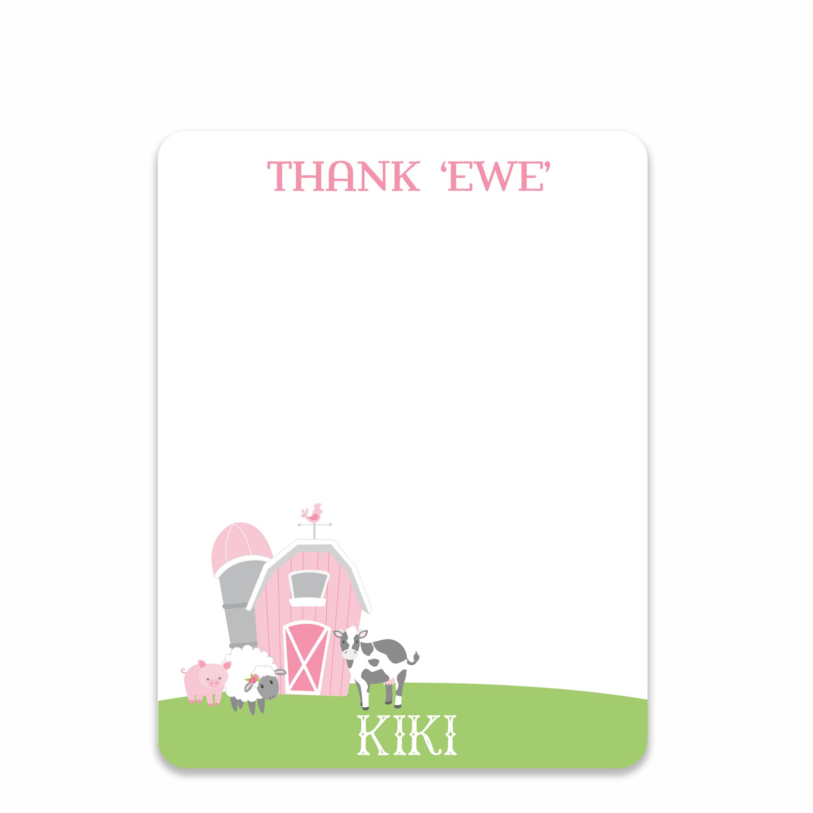 Farm Pink Barn thank you notecards stationery, featuring a  cow, pig, and sheet, gingham back pattern