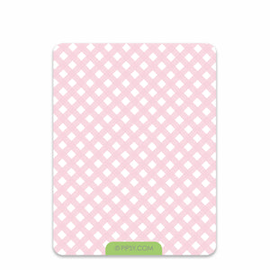 Farm Pink Barn thank you notecards stationery, featuring a  cow, pig, and sheet, gingham back pattern, back view