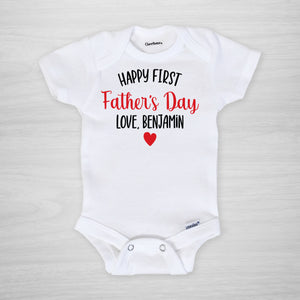 Happy first father's day onesie, personalized with the baby's name, short sleeved